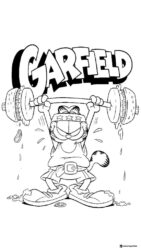 Garfield Coloring Page lifting heavy barbell with hamburgers
