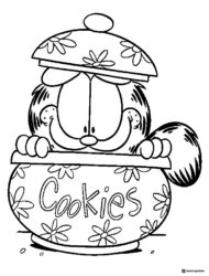 Garfield Coloring Page peeking from a cookie jar