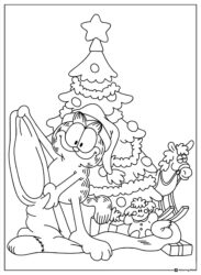 Garfield Coloring Page with Santa hat Christmas tree and presents