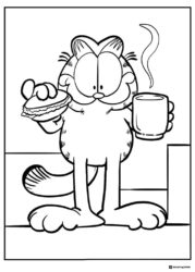 Garfield Drinking Coffee and Eating Sandwich Coloring Page
