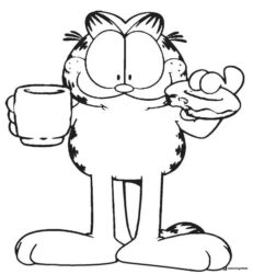Garfield Drinking and Eating Donut Coloring Page
