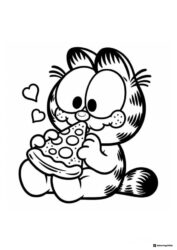 Garfield Eating Pizza with Hearts Coloring Page
