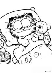 Garfield Sleeping in Bed with Teddy Bear Coloring Page