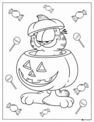 Garfield in Pumpkin Coloring Page with Candies