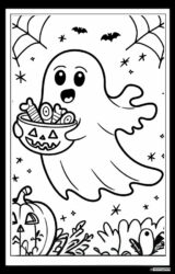 Ghost Coloring Page Holding Candy Pail with Pumpkin