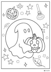 Ghost Coloring Page Holding Pumpkin with Stars and Leaves