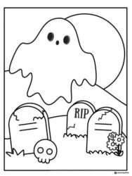 Ghost Coloring Page Hovering over Gravestones