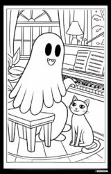 Ghost Coloring Page Playing Piano with Cat
