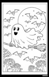 Ghost Coloring Page Riding Broomstick with Moon and Bats