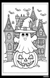 Ghost Coloring Page Wearing Witch Hat on Pumpkin
