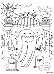 Ghost Coloring Page at Cemetery Gate with RIP Headstones