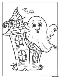 Ghost Coloring Page with Haunted House and Bat