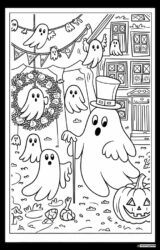 Ghost Coloring Page with Many Ghosts Wreath and Pumpkin