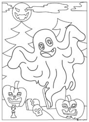 Ghost Coloring Page with Pumpkins and Jack o lantern Moon