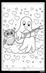 Ghost Coloring Sheet with Owl Playing Guitar on Cloud