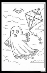 Ghost Flying Kite Coloring Page with Bats