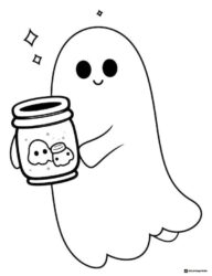 Ghost Holding Jar with Small Ghosts Coloring Sheet