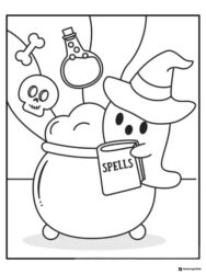 Ghost Wearing Witch Hat with Cauldron and Spell Book