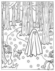 Ghost and Cat in Autumn Forest Coloring Page