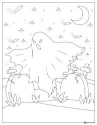 Ghost in Cemetery Coloring Page with Stars and Moon