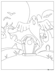 Ghost in Graveyard Coloring Page with Moon