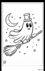 Ghost on Broomstick Coloring Page with Moon and Stars