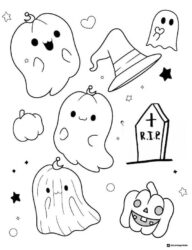 Ghost pumpkins witch hat and tombstone coloring page