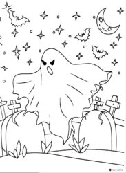 Ghost with angry face over tombstones coloring page