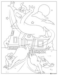 Ghostly Trio Coloring Page Attacking a House at Night
