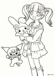 Girl Holding My Melody with Angry Kuromi Coloring Page