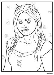 Girl with Braids Coloring Page and Flowers