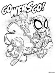 Go Webs Go Coloring Page with three chibi web slingers