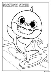 Grandma Shark coloring page surfing on a board