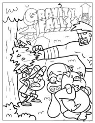Gravity Falls characters fighting a monster coloring sheet