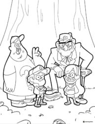 Gravity Falls characters under a tree coloring page