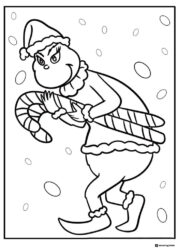 Grinch Coloring Page Carrying Candy Canes in Snow