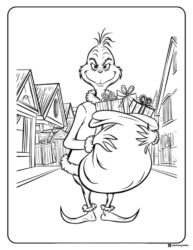 Grinch Coloring Page Carrying a Sack of Gifts in Town