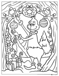 Grinch Coloring Page Decorating a Christmas Tree with Ornaments