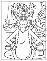 Grinch Coloring Page Dressed as Reindeer with Fireplace