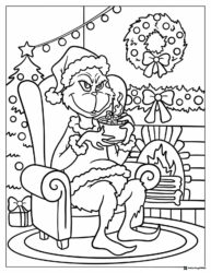 Grinch Coloring Page Drinking Hot Cocoa by Fireplace