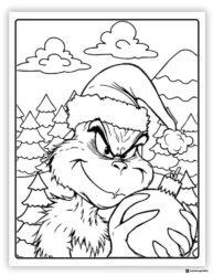 Grinch Coloring Page Holding Christmas Ornament in Forest