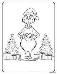 Grinch Coloring Page Holding Heart with Trees and Gifts