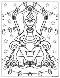 Grinch Coloring Page in Chair with Christmas Lights and Stars