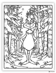 Grinch Coloring Page in a Snowy Forest with Trees