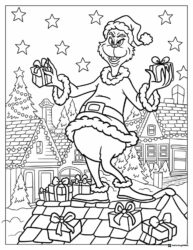 Grinch Coloring Page on a Rooftop Stealing Presents