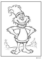 Grinch Coloring Page with Christmas Trees and Snow