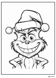 Grinch Face Coloring Page Wearing a Santa Hat Smiling