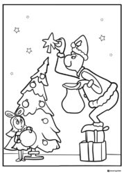 Grinch and Cindy Lou Who by Christmas tree coloring page