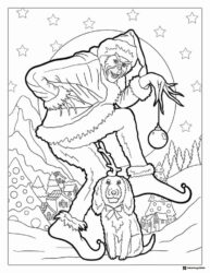 Grinch and dog in Whoville Christmas coloring page