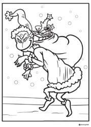 Grinch as Santa walking with sack of gifts coloring page